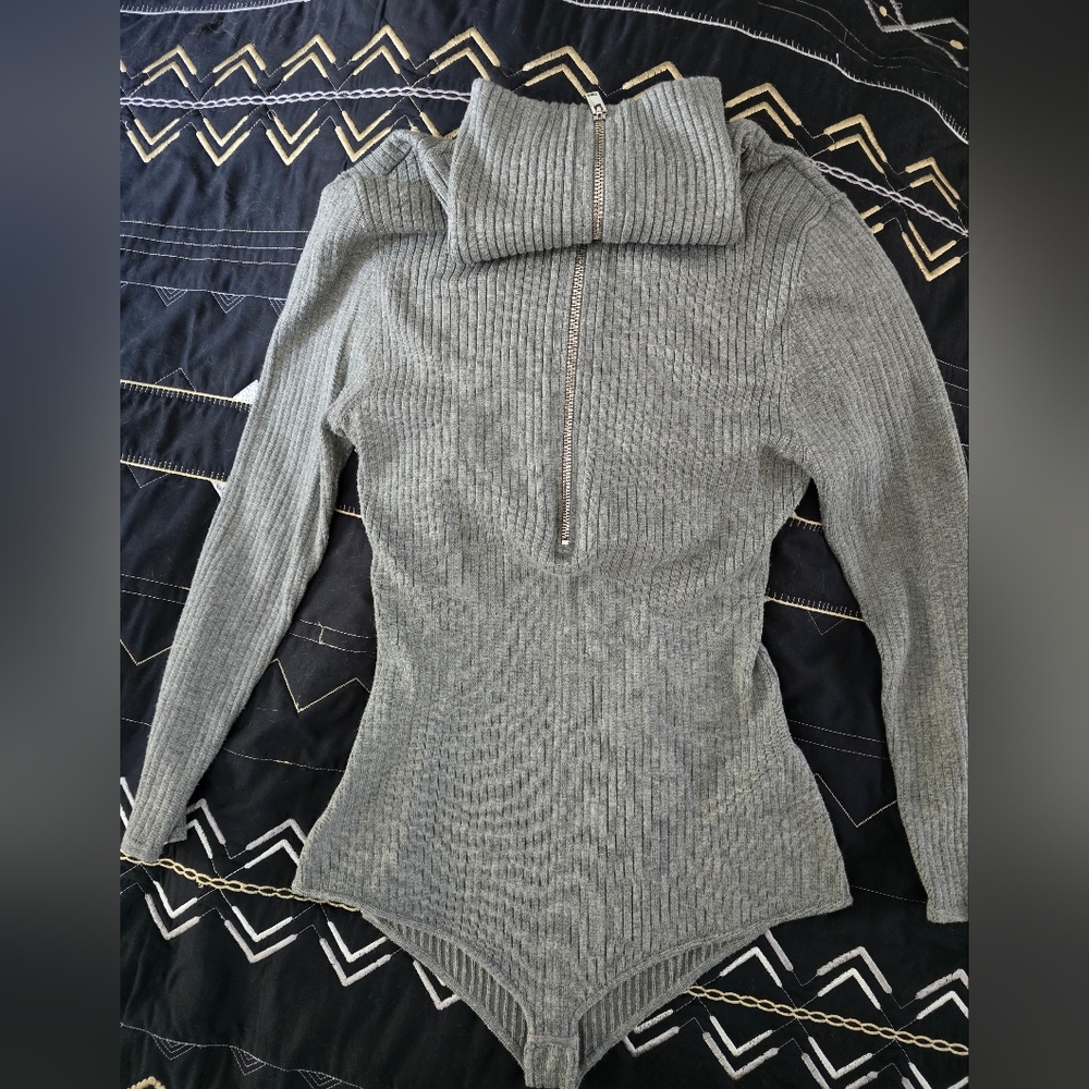 Zara Silver Ribbed Turtleneck Bodysuit